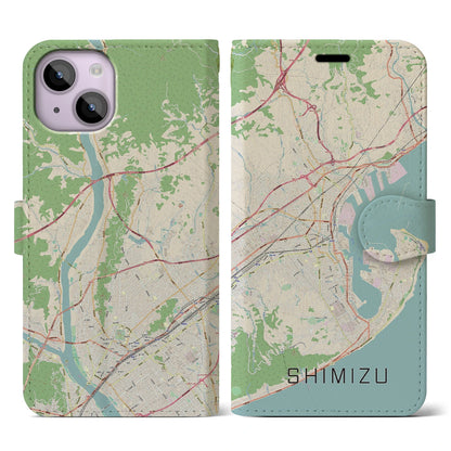 【清水（静岡県）】地図柄iPhoneケース（手帳タイプ）ナチュラル・iPhone 14 用