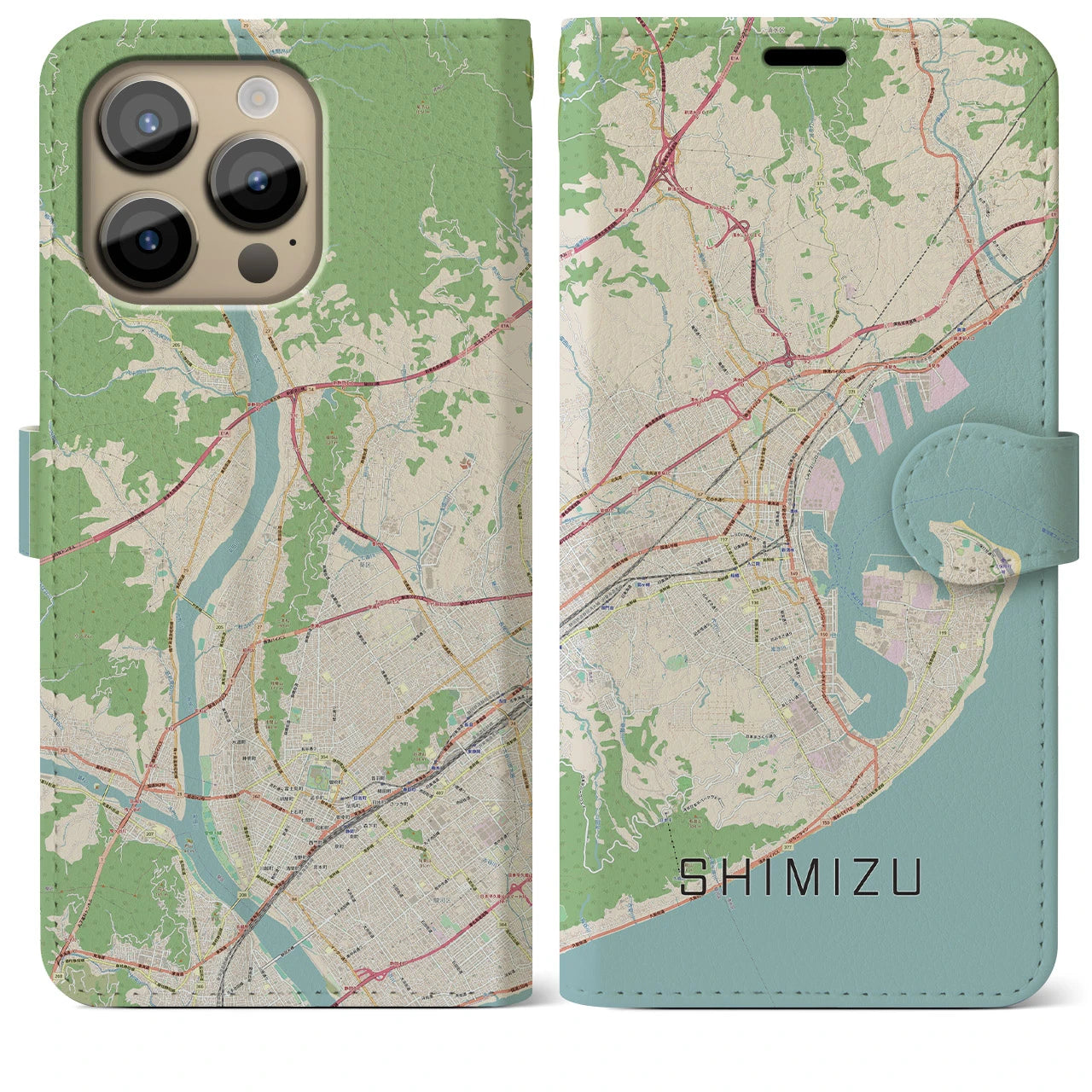 【清水】地図柄iPhoneケース（手帳両面タイプ・ナチュラル）iPhone 14 Pro Max 用