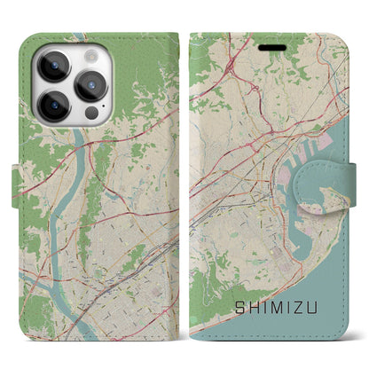 【清水（静岡県）】地図柄iPhoneケース（手帳タイプ）ナチュラル・iPhone 14 Pro 用