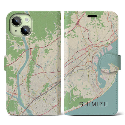 【清水（静岡県）】地図柄iPhoneケース（手帳タイプ）ナチュラル・iPhone 15 用