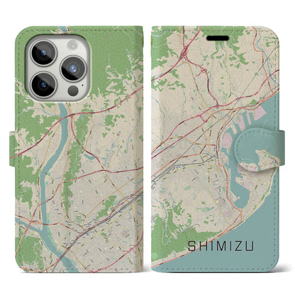 【清水（静岡県）】地図柄iPhoneケース（手帳タイプ）ナチュラル・iPhone 15 Pro 用