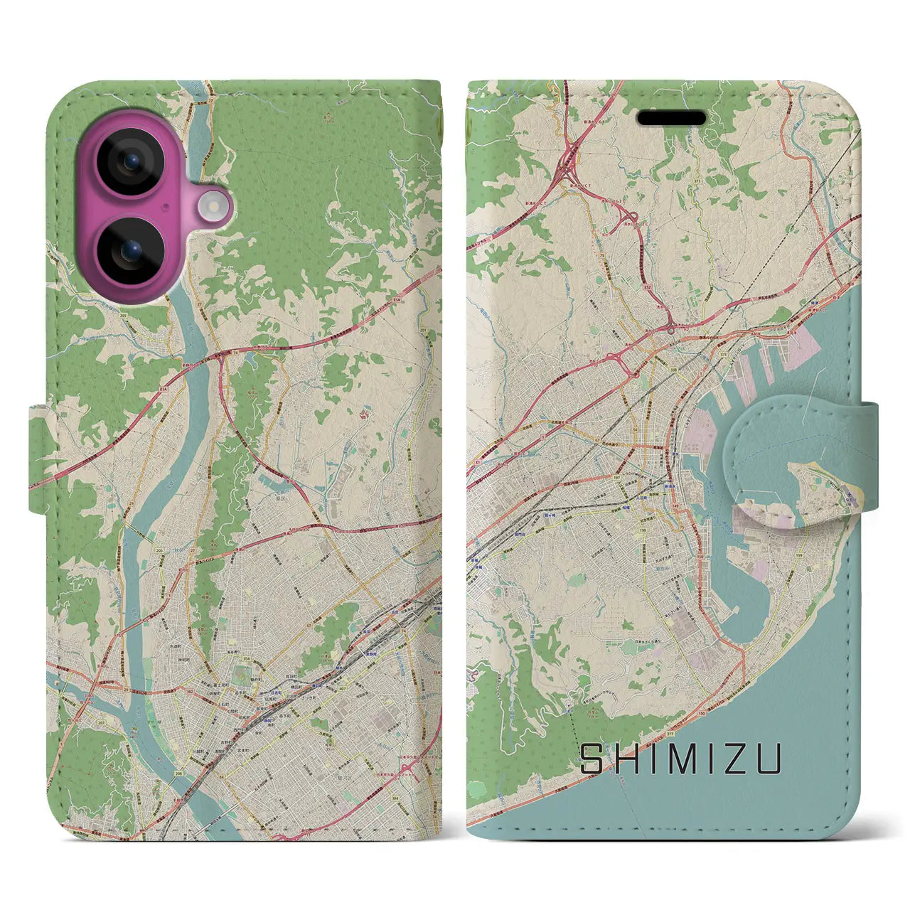 【清水（静岡県）】地図柄iPhoneケース（手帳タイプ）ナチュラル・iPhone 16 Pro 用