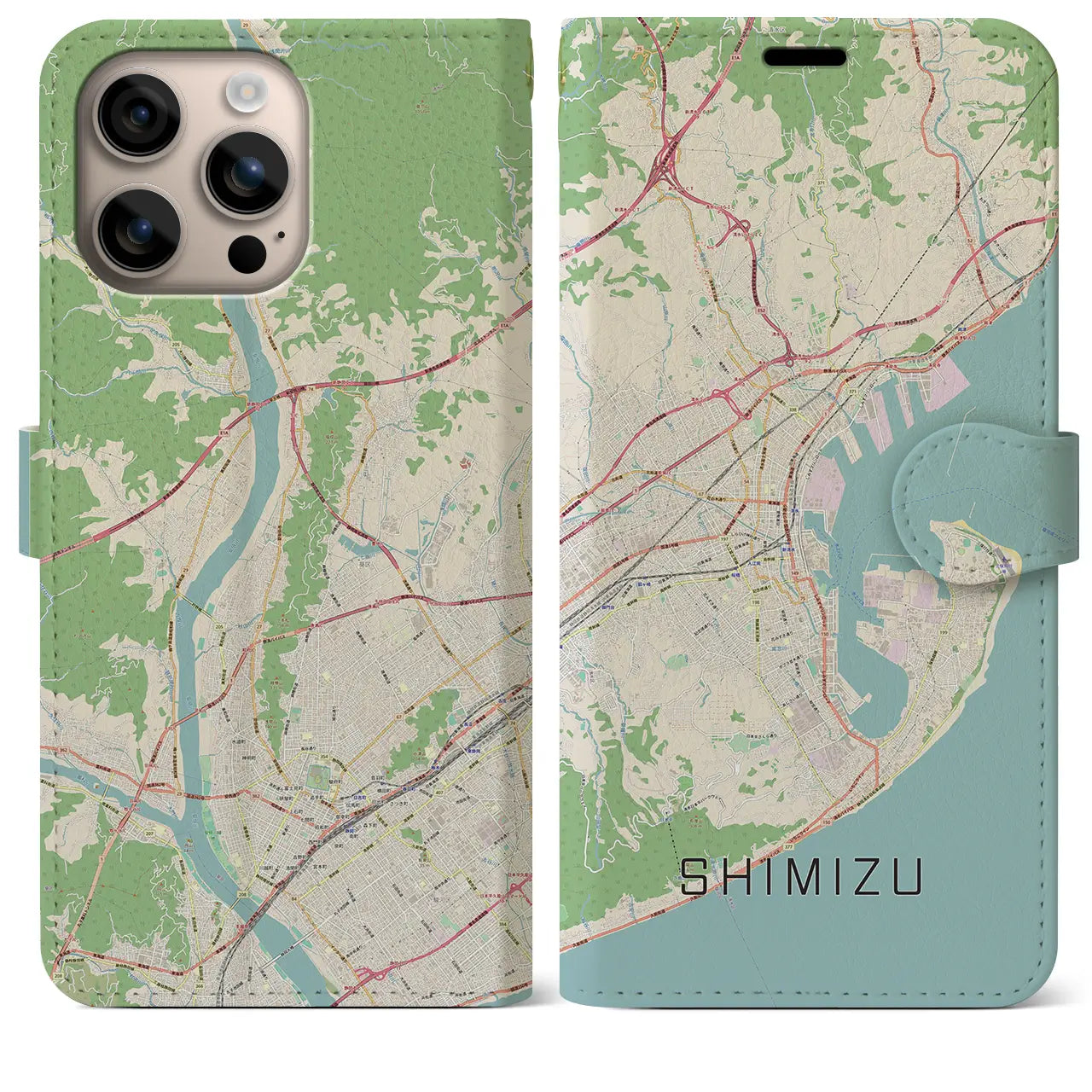 【清水（静岡県）】地図柄iPhoneケース（手帳タイプ）ナチュラル・iPhone 16 Plus 用