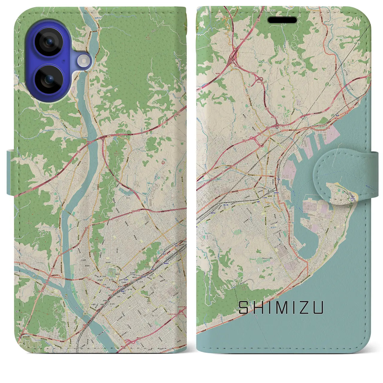 【清水（静岡県）】地図柄iPhoneケース（手帳タイプ）ナチュラル・iPhone 16 Pro Max 用