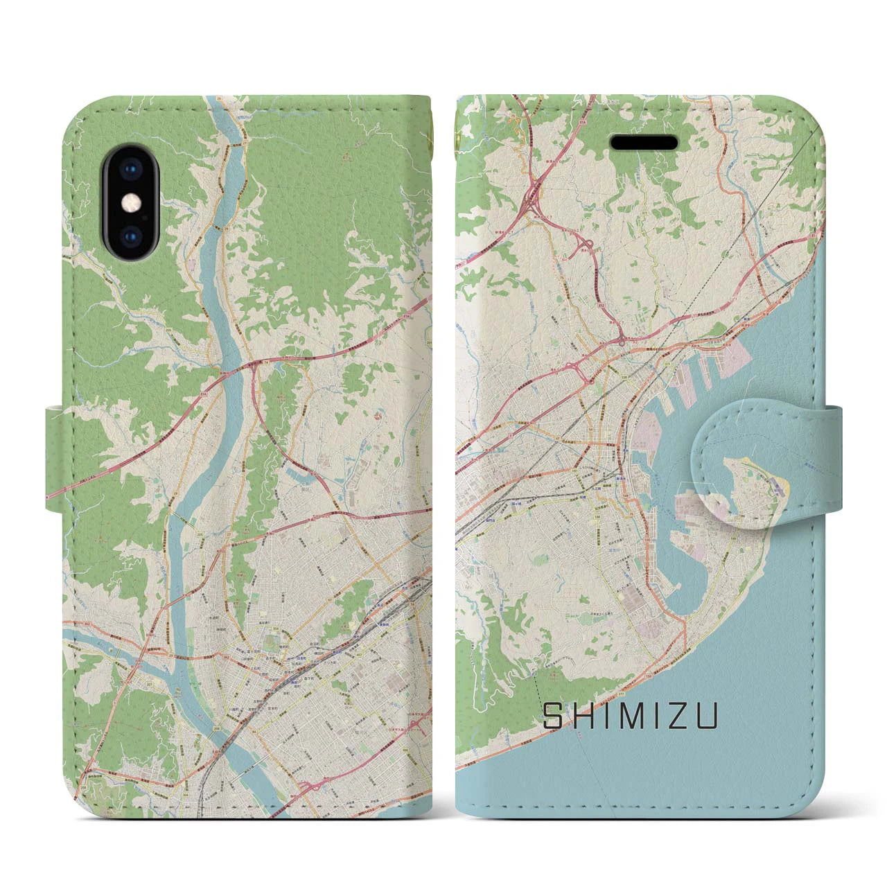 【清水】地図柄iPhoneケース（手帳両面タイプ・ナチュラル）iPhone XS / X 用