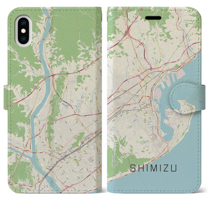 【清水（静岡県）】地図柄iPhoneケース（手帳タイプ）ナチュラル・iPhone XS Max 用