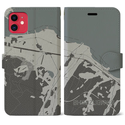 【清水川（青森県）】地図柄iPhoneケース（手帳タイプ）モノトーン・iPhone 11 用