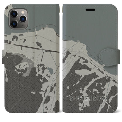 【清水川（青森県）】地図柄iPhoneケース（手帳タイプ）モノトーン・iPhone 11 Pro Max 用