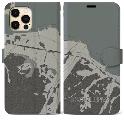 【清水川（青森県）】地図柄iPhoneケース（手帳タイプ）モノトーン・iPhone 12 Pro Max 用