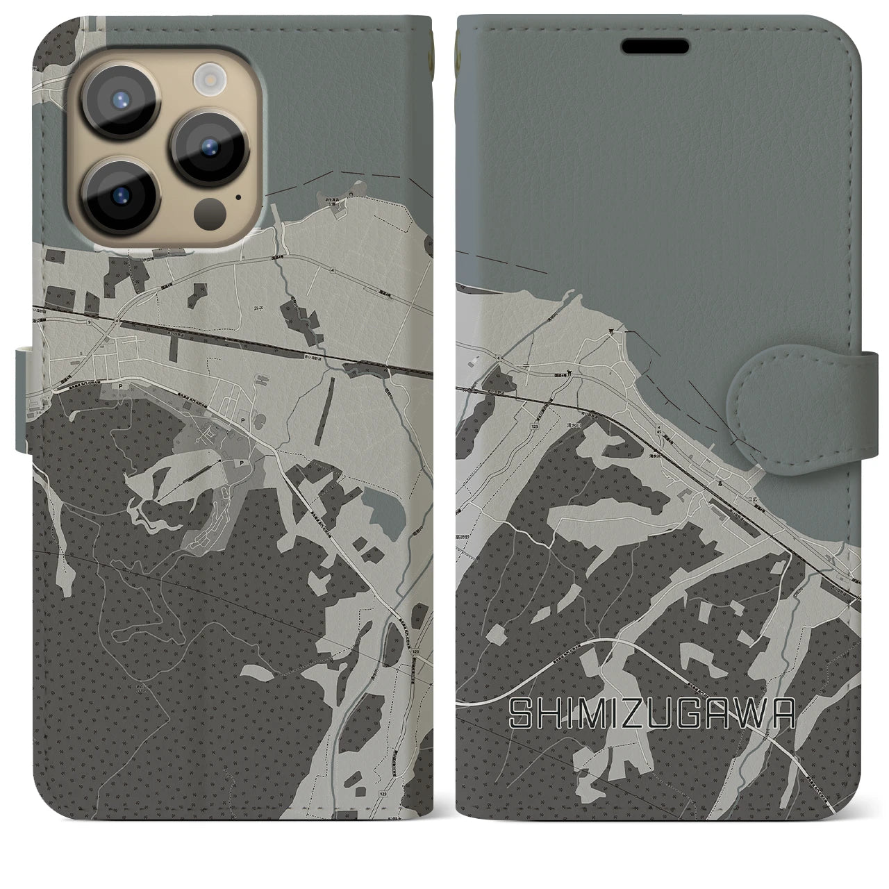 【清水川】地図柄iPhoneケース（手帳両面タイプ・モノトーン）iPhone 14 Pro Max 用
