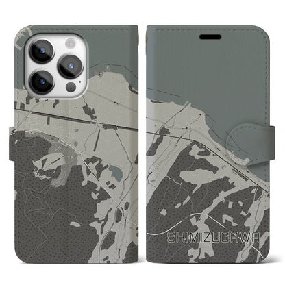 【清水川（青森県）】地図柄iPhoneケース（手帳タイプ）モノトーン・iPhone 14 Pro 用