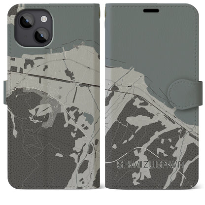 【清水川（青森県）】地図柄iPhoneケース（手帳タイプ）モノトーン・iPhone 14 Plus 用