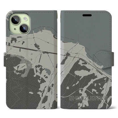 【清水川（青森県）】地図柄iPhoneケース（手帳タイプ）モノトーン・iPhone 15 用