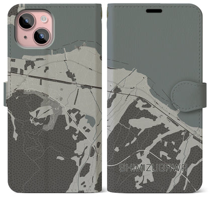 【清水川（青森県）】地図柄iPhoneケース（手帳タイプ）モノトーン・iPhone 15 Plus 用