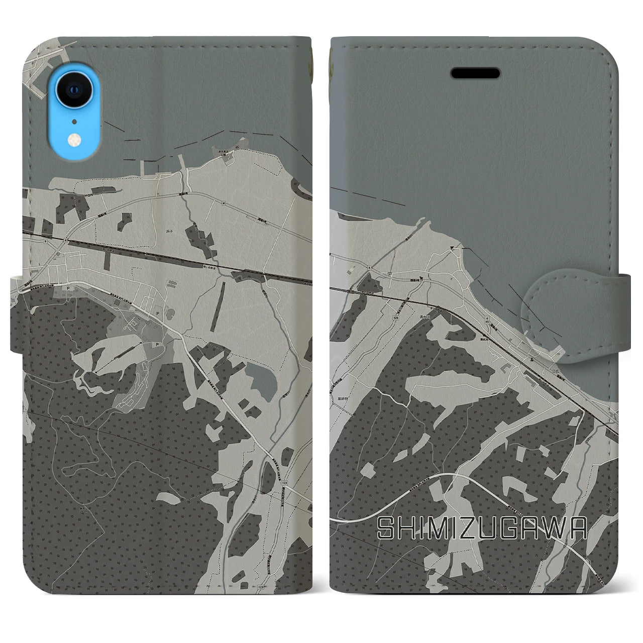 【清水川】地図柄iPhoneケース（手帳両面タイプ・モノトーン）iPhone XR 用