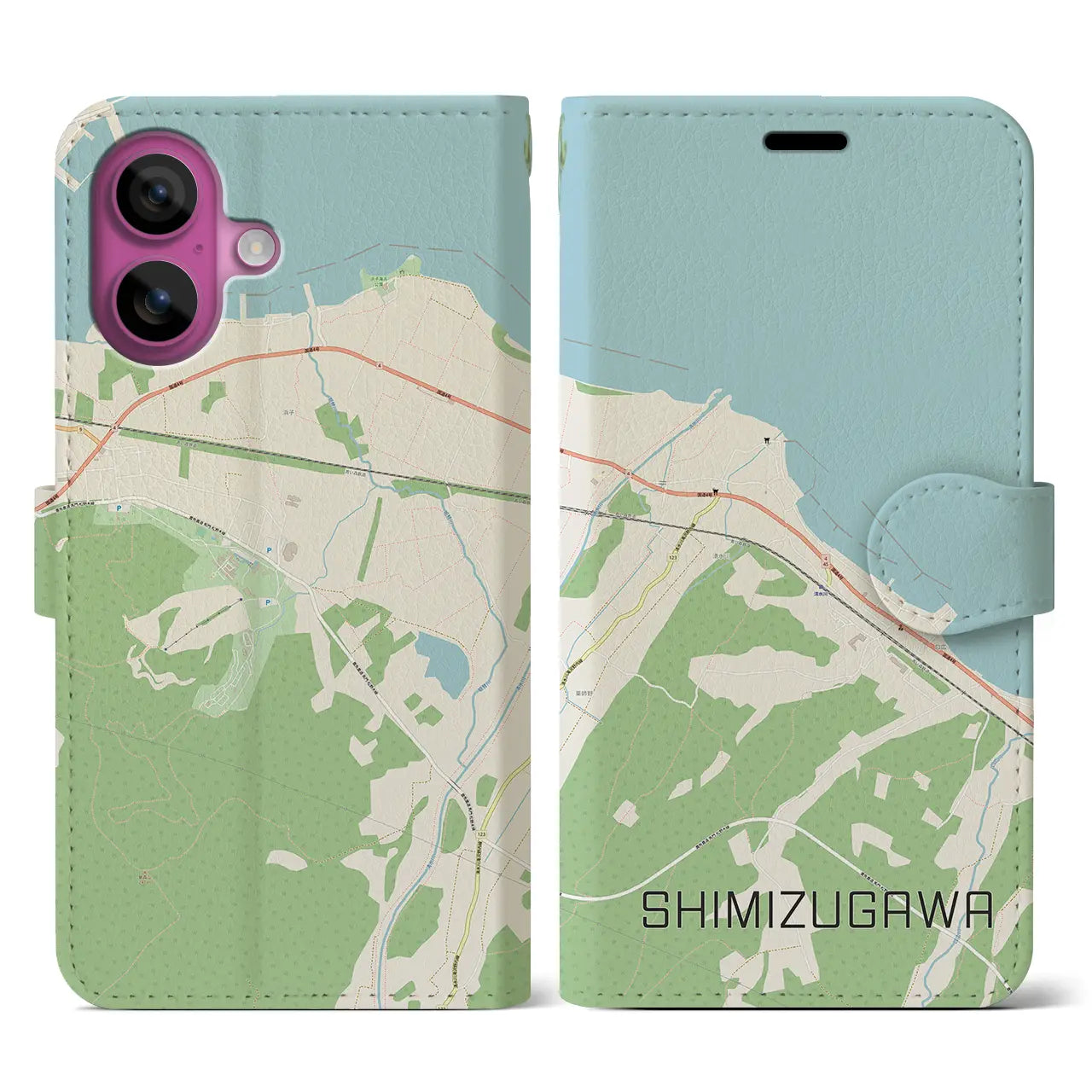 【清水川（青森県）】地図柄iPhoneケース（手帳タイプ）ナチュラル・iPhone 16 Pro 用