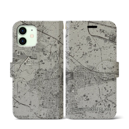 【下赤塚（東京都）】地図柄iPhoneケース（手帳タイプ）モノトーン・iPhone 12 mini 用