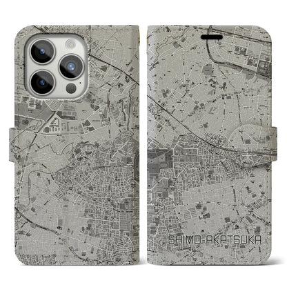【下赤塚（東京都）】地図柄iPhoneケース（手帳タイプ）モノトーン・iPhone 15 Pro 用