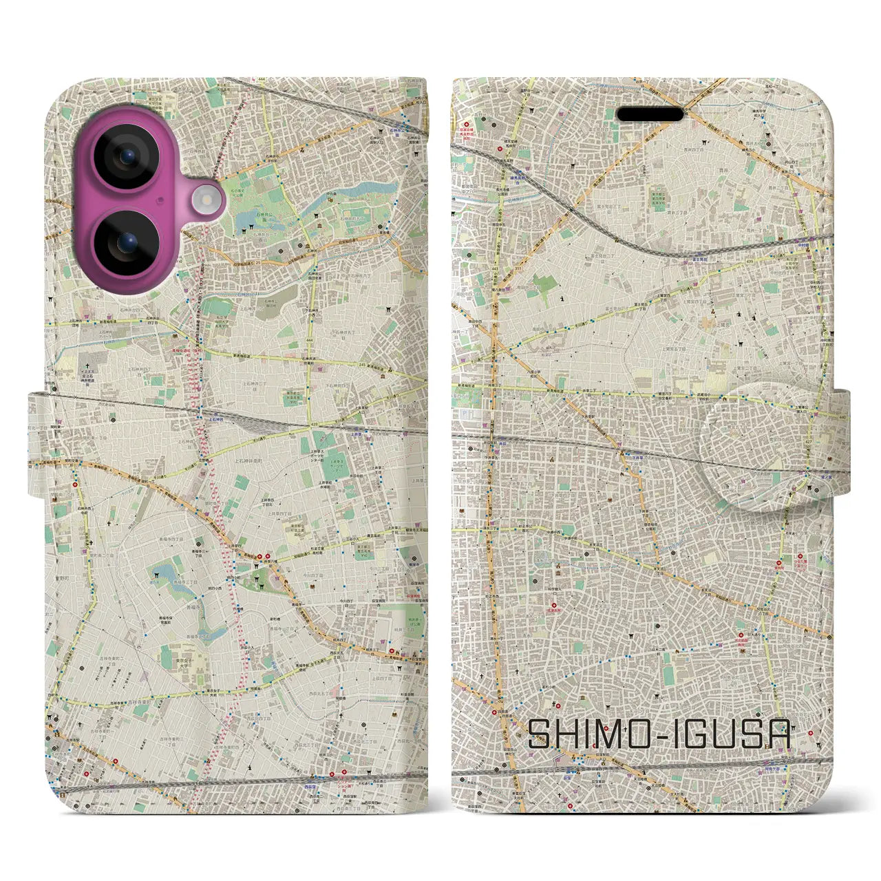 【下井草（東京都）】地図柄iPhoneケース（手帳タイプ）ナチュラル・iPhone 16 Pro 用