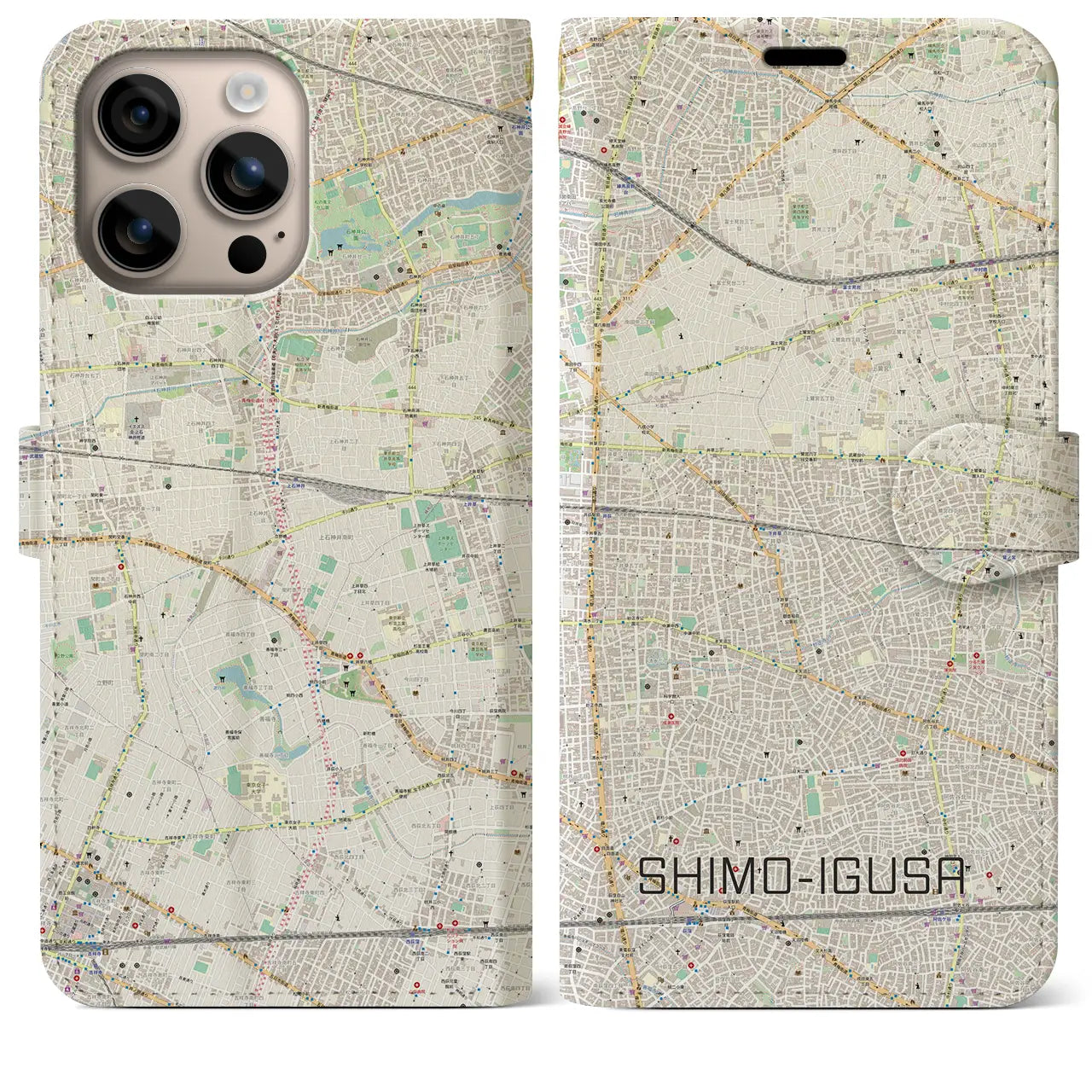 【下井草（東京都）】地図柄iPhoneケース（手帳タイプ）ナチュラル・iPhone 16 Plus 用