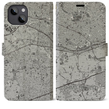 【下高井戸（東京都）】地図柄iPhoneケース（手帳タイプ）モノトーン・iPhone 14 Plus 用