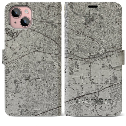 【下高井戸（東京都）】地図柄iPhoneケース（手帳タイプ）モノトーン・iPhone 15 Plus 用