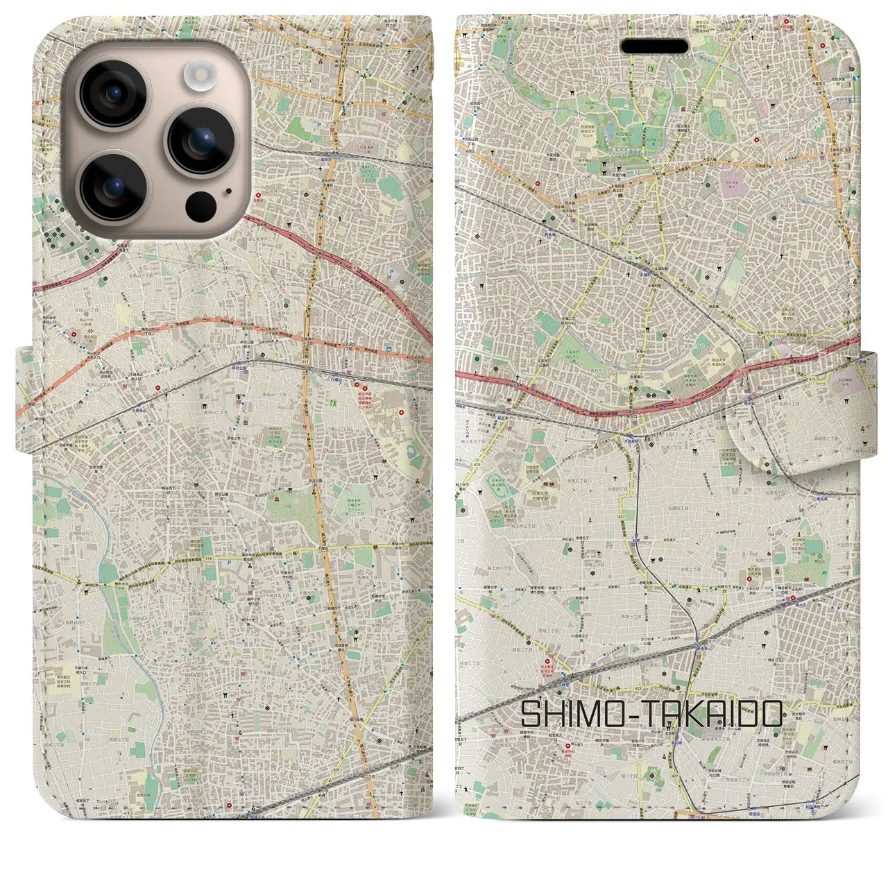 【下高井戸（東京都）】地図柄iPhoneケース（手帳タイプ）ナチュラル・iPhone 16 Plus 用