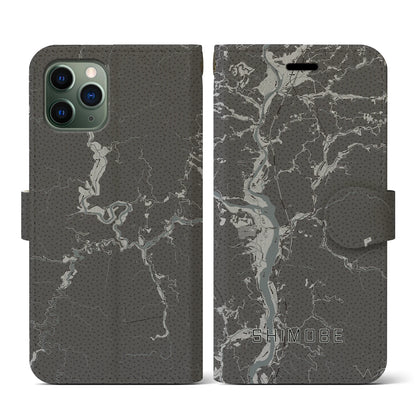 【下部（山梨県）】地図柄iPhoneケース（手帳タイプ）モノトーン・iPhone 11 Pro 用