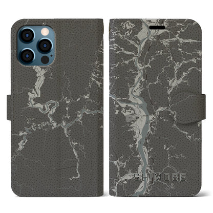 【下部（山梨県）】地図柄iPhoneケース（手帳タイプ）モノトーン・iPhone 12 / 12 Pro 用