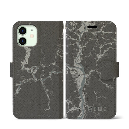 【下部（山梨県）】地図柄iPhoneケース（手帳タイプ）モノトーン・iPhone 12 mini 用