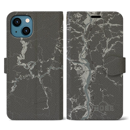 【下部（山梨県）】地図柄iPhoneケース（手帳タイプ）モノトーン・iPhone 13 用