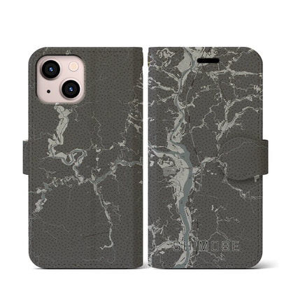 【下部（山梨県）】地図柄iPhoneケース（手帳タイプ）モノトーン・iPhone 13 mini 用