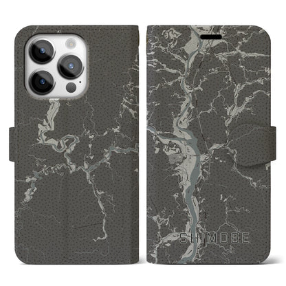 【下部（山梨県）】地図柄iPhoneケース（手帳タイプ）モノトーン・iPhone 14 Pro 用