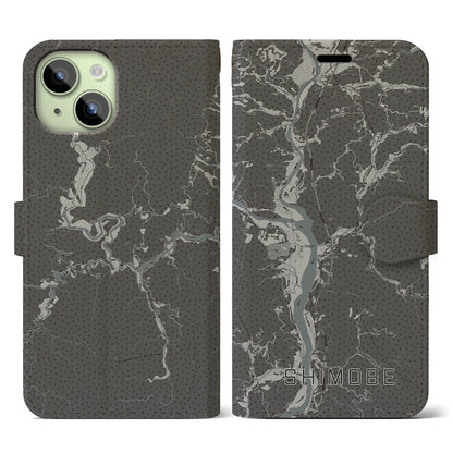 【下部（山梨県）】地図柄iPhoneケース（手帳タイプ）モノトーン・iPhone 15 用