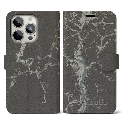 【下部（山梨県）】地図柄iPhoneケース（手帳タイプ）モノトーン・iPhone 15 Pro 用