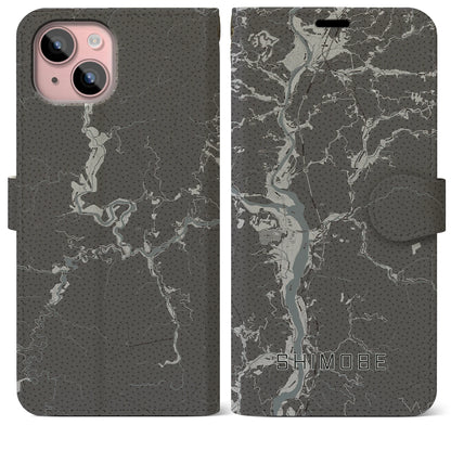 【下部（山梨県）】地図柄iPhoneケース（手帳タイプ）モノトーン・iPhone 15 Plus 用