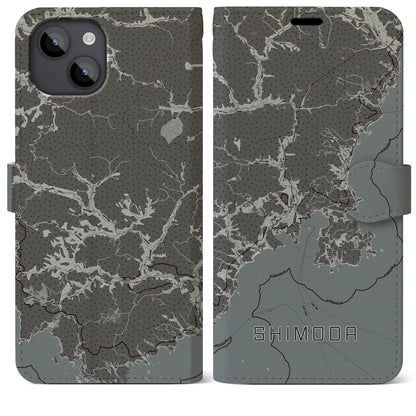 【下田（静岡県）】地図柄iPhoneケース（手帳タイプ）モノトーン・iPhone 14 Plus 用