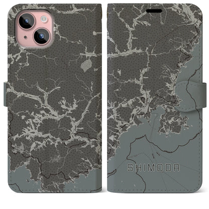 【下田（静岡県）】地図柄iPhoneケース（手帳タイプ）モノトーン・iPhone 15 Plus 用
