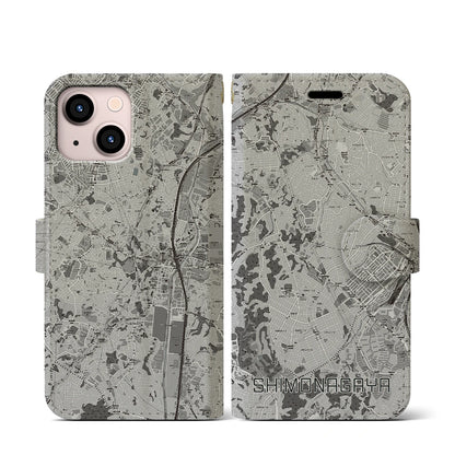 【下永谷（神奈川県）】地図柄iPhoneケース（手帳タイプ）モノトーン・iPhone 13 mini 用