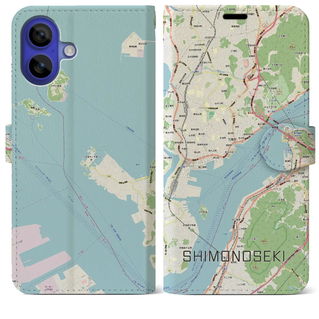 【下関2（山口県）】地図柄iPhoneケース（手帳タイプ）モノトーン・iPhone 16 Pro Max 用