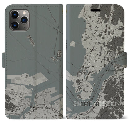 【下関（山口県）】地図柄iPhoneケース（手帳タイプ）モノトーン・iPhone 11 Pro Max 用