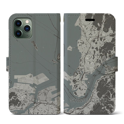 【下関（山口県）】地図柄iPhoneケース（手帳タイプ）モノトーン・iPhone 11 Pro 用