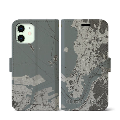 【下関（山口県）】地図柄iPhoneケース（手帳タイプ）モノトーン・iPhone 12 mini 用