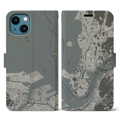 【下関（山口県）】地図柄iPhoneケース（手帳タイプ）モノトーン・iPhone 13 用