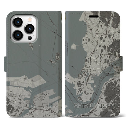 【下関（山口県）】地図柄iPhoneケース（手帳タイプ）モノトーン・iPhone 13 Pro 用