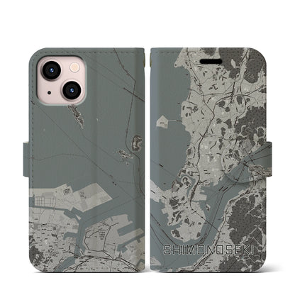 【下関（山口県）】地図柄iPhoneケース（手帳タイプ）モノトーン・iPhone 13 mini 用