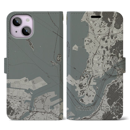 【下関（山口県）】地図柄iPhoneケース（手帳タイプ）モノトーン・iPhone 14 用