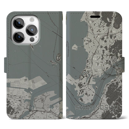 【下関（山口県）】地図柄iPhoneケース（手帳タイプ）モノトーン・iPhone 14 Pro 用