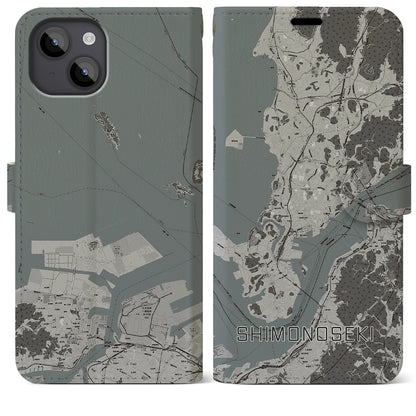 【下関（山口県）】地図柄iPhoneケース（手帳タイプ）モノトーン・iPhone 14 Plus 用