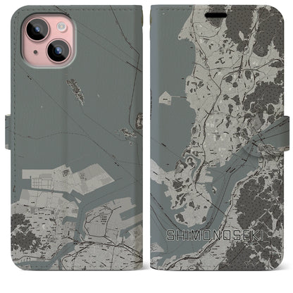 【下関（山口県）】地図柄iPhoneケース（手帳タイプ）モノトーン・iPhone 15 Plus 用